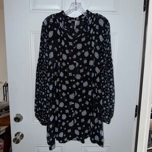 Free People Black Geometric Floral Print Button Front Babydoll Tunic Top Medium